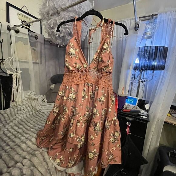 Plus size 2xl/3xl Floral Print Contrast Lace Tie Back Layered Ruffle Hem Dress - Picture 4 of 11